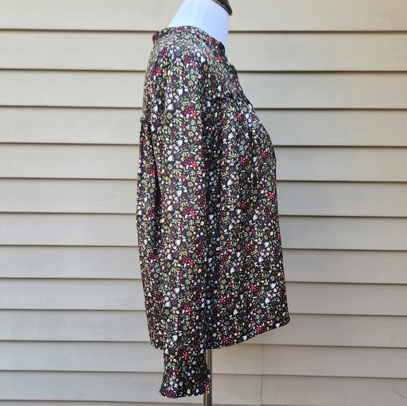 Saccharine Multicolor Floral Print Button-Up Blouse Ruffle Trim Cotton Silk - Picture 9 of 12